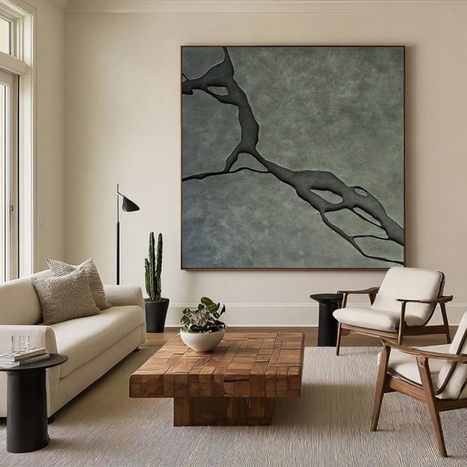 Modern Wood Carving Dark Green 3D Wood Wall Painting Abstract River Sculpture Art
