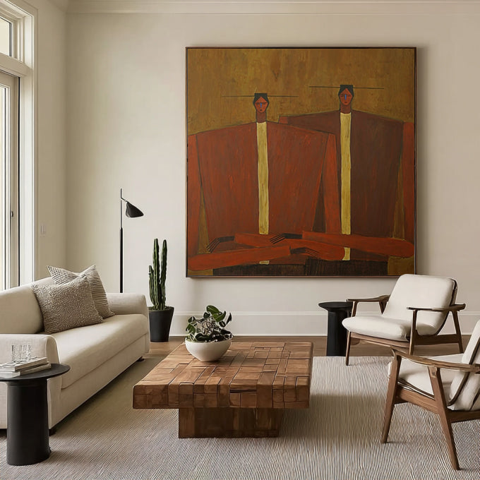 Earth-Toned Abstract Figurative Painting - Modern Folk Art Style Decor