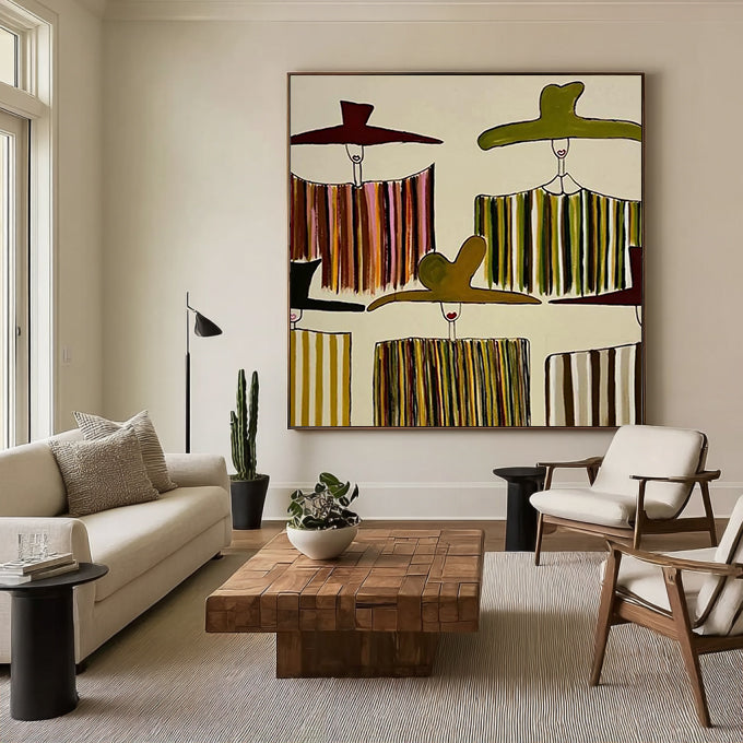 Olive Green figure Abstract Painting Mid-Century Modern Farmhouse wall decor for dining room