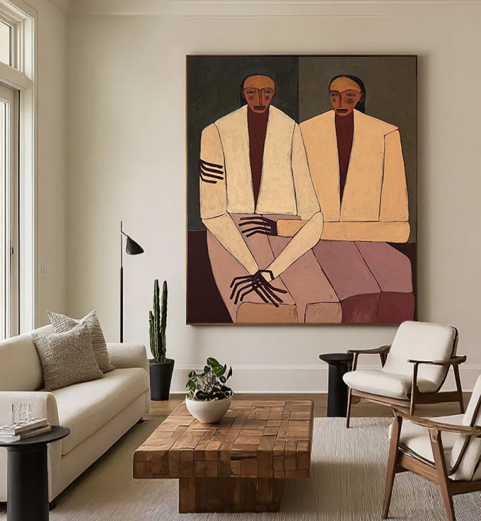 Double Portraits art Boho figurative art Neutral Beige Above sofa art