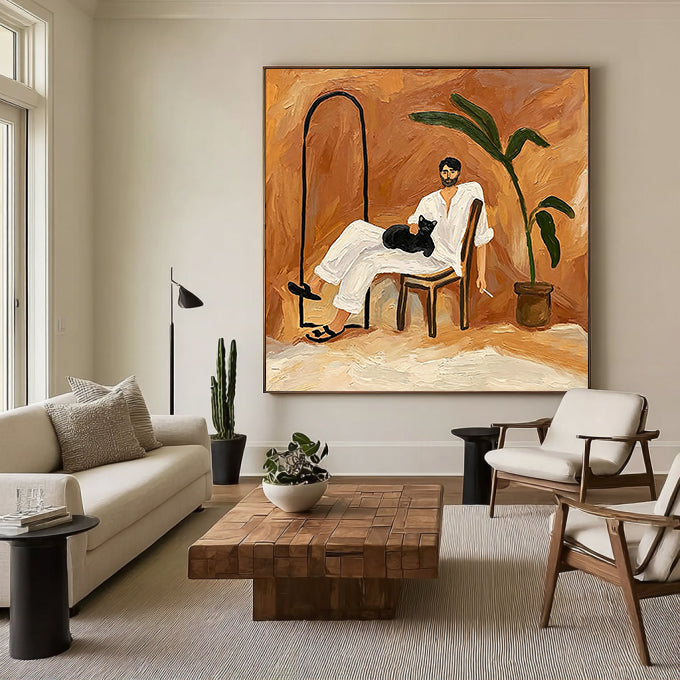 Hand-Painted Portrait Oil Painting - Man with Black Cat, Mid-Century Modern Wall Art