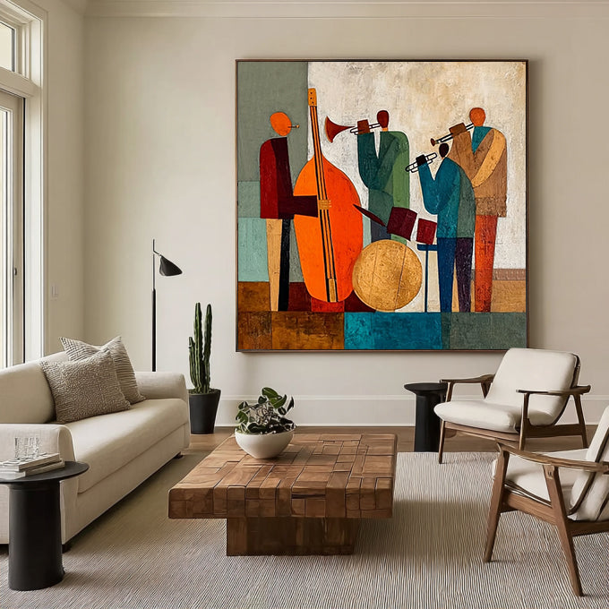 Sophisticated Jazz Band Abstract Wall Art - Textured Palette Knife Musical Painting for Modern Home