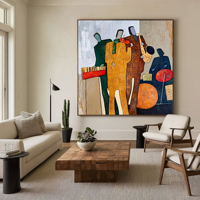 Mid-Century Modern Jazz Band Palette Knife Oil Painting - Abstract Musicians Wall Art