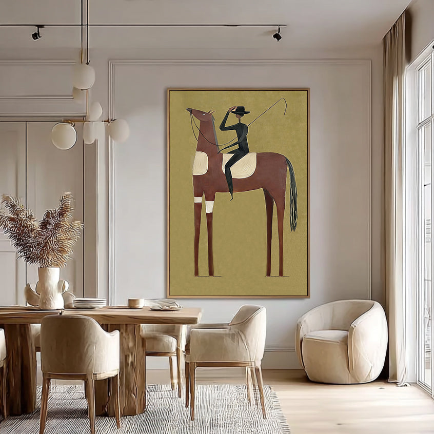 Minimalist black horse painting with red mane and a slim rider on olive green background.