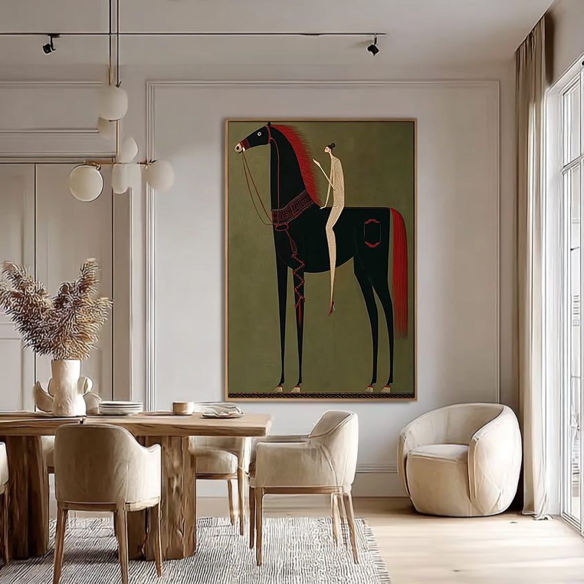Minimalist black horse painting with red mane and a slim rider on olive green background.