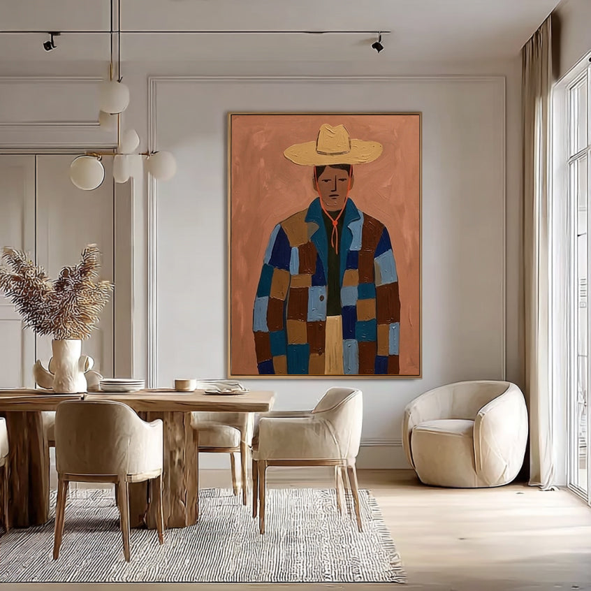 Modern Portrait Oil Painting , Abstract Man in Patchwork Jacket Canvas Art, Japandi Wall Decor