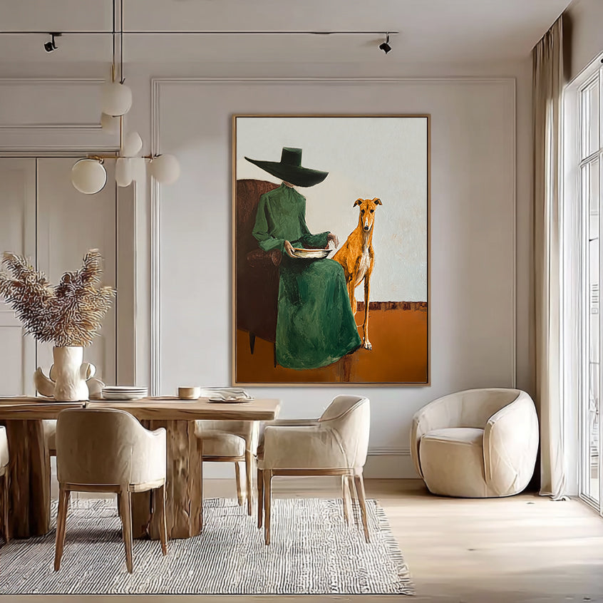 Vintage Fashion Painting Woman with Greyhound Painting Surrealist Figure Art