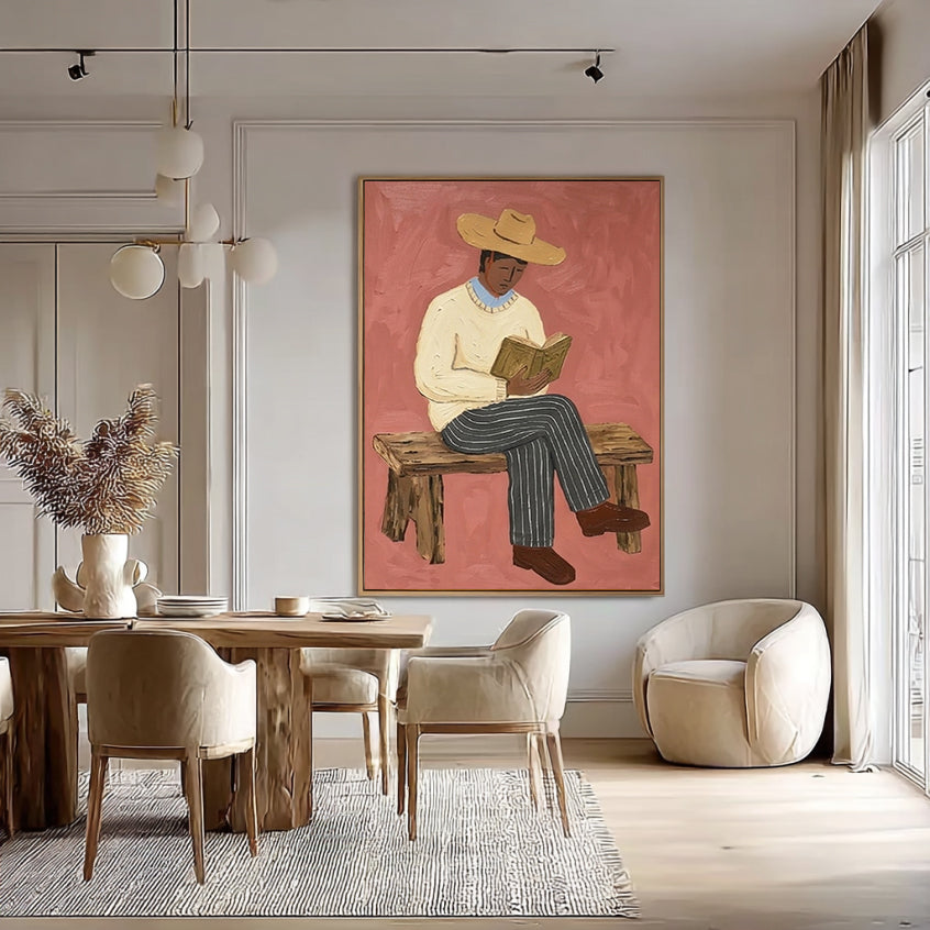 Modern Rustic Male Portrait Painting, Japandi Home Decor, Book Lover Gift Canvas