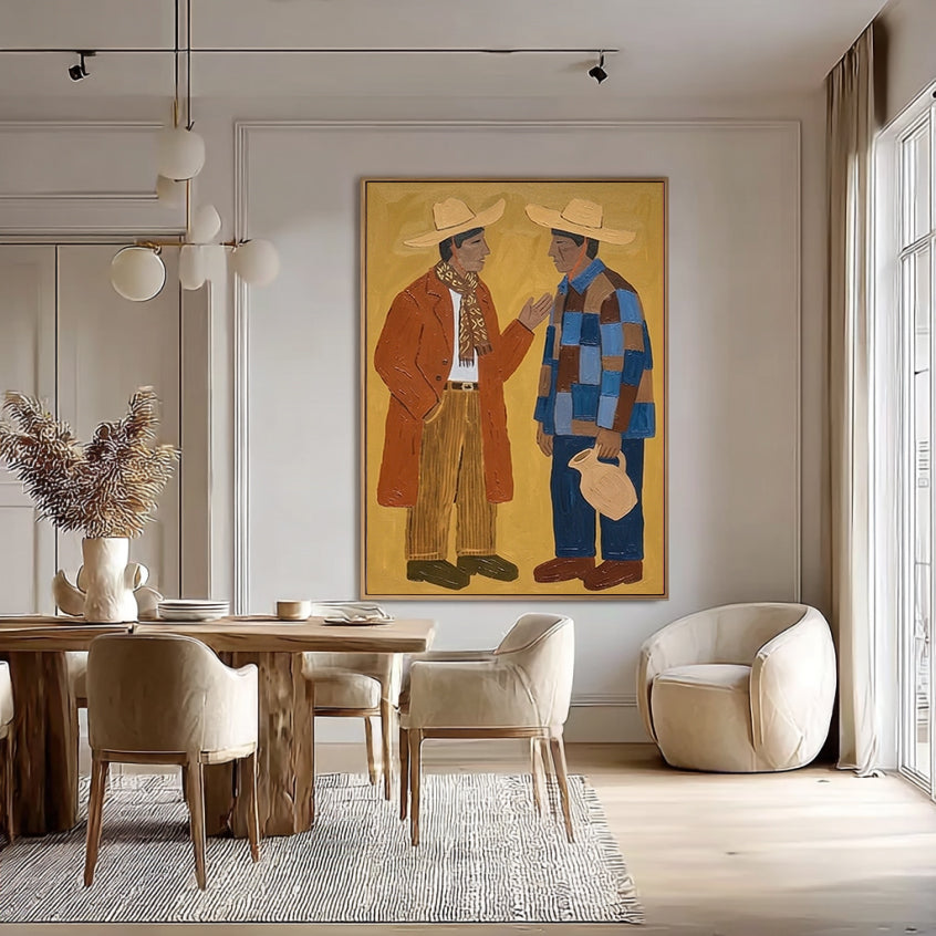 Abstract figure Art, Two Men in Straw Hats Painting, Mid Century Modern Rustic Folk Wall Decor