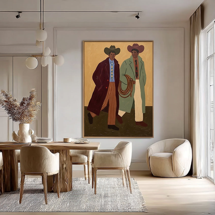 Abstract Cowboys Art , Mid-Century Modern Two Men Walking Painting, Earth Tone Boho Wall art