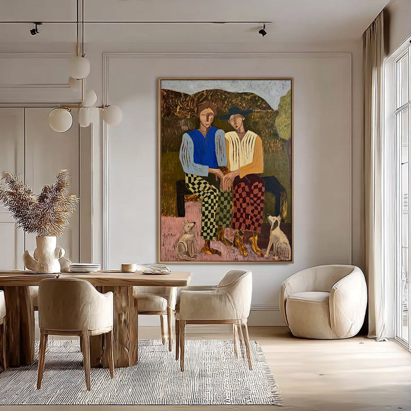 Abstract People and Dogs Art Modern Figurative Oil Painting Mid-century Modern Decor