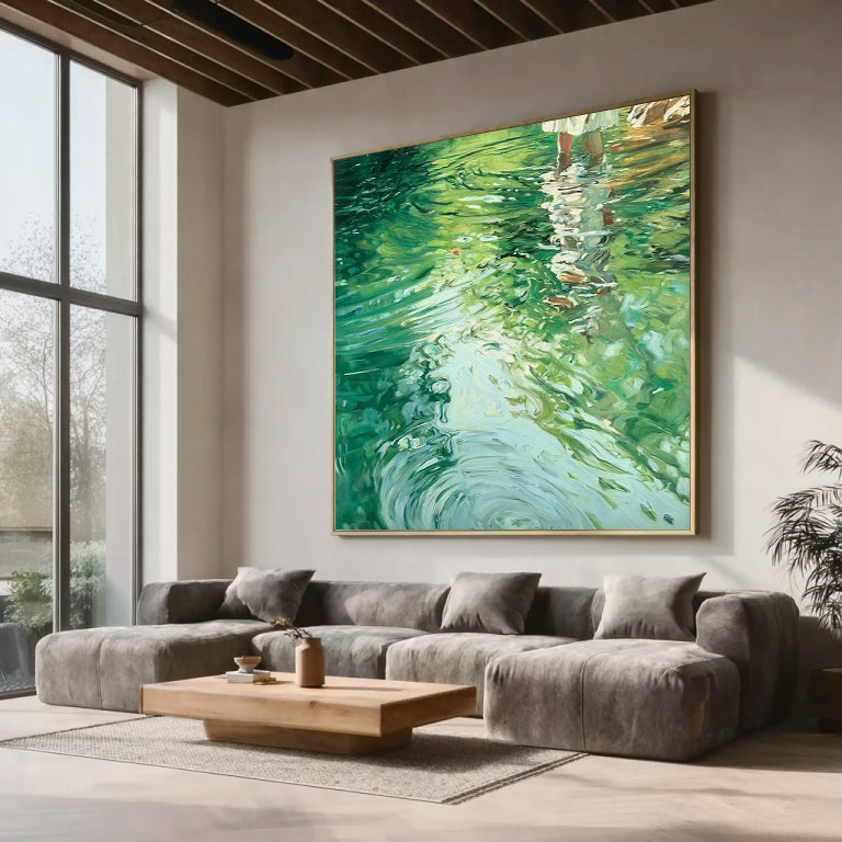 Oil painting of a girl on water, lakeside painting, green textured landscape art