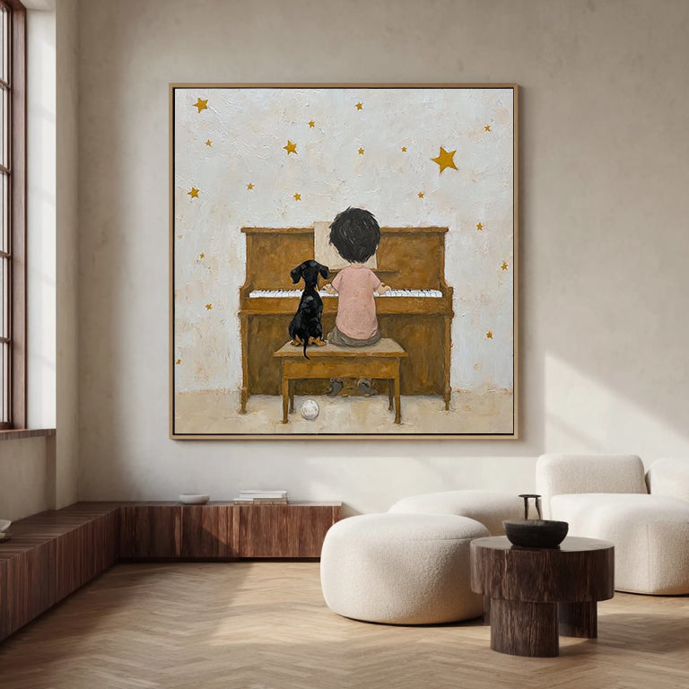 Minimalist Portrait with Black Cat - Wabi-Sabi Art Decor, Textured Earthy Tones