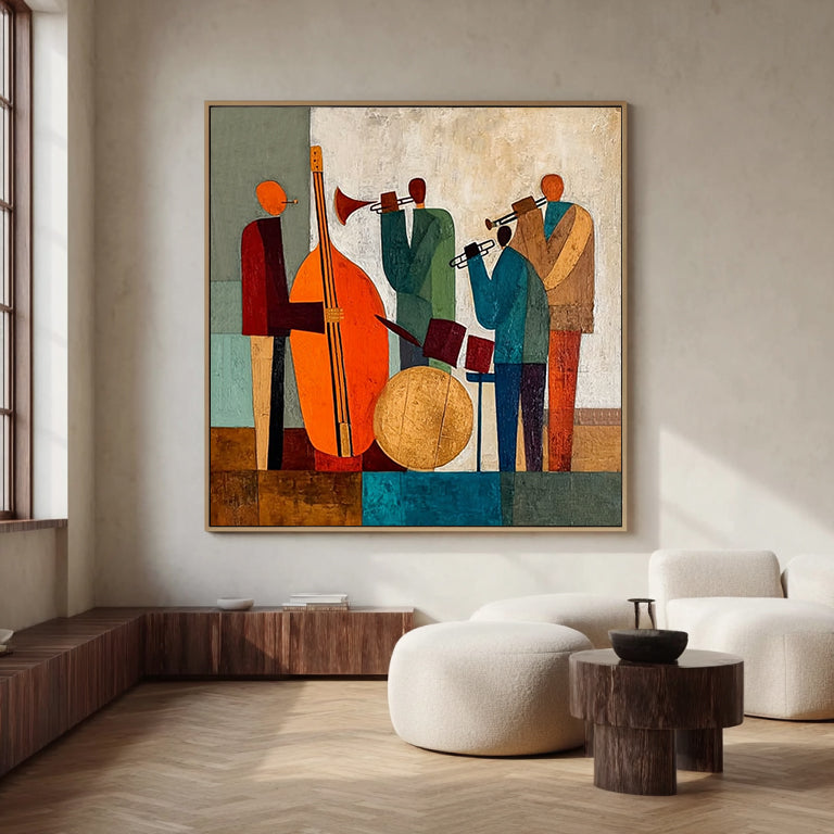 Colorful abstract painting of musicians in a living room setting