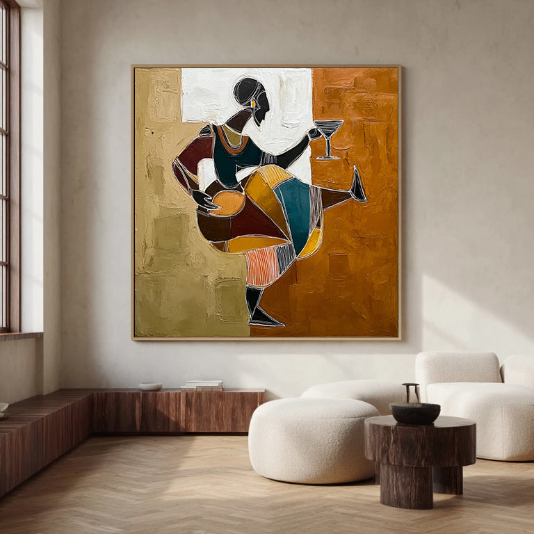 Hand-Painted Tribal Woman with Wine Glass | Modern Geometric Wall Art