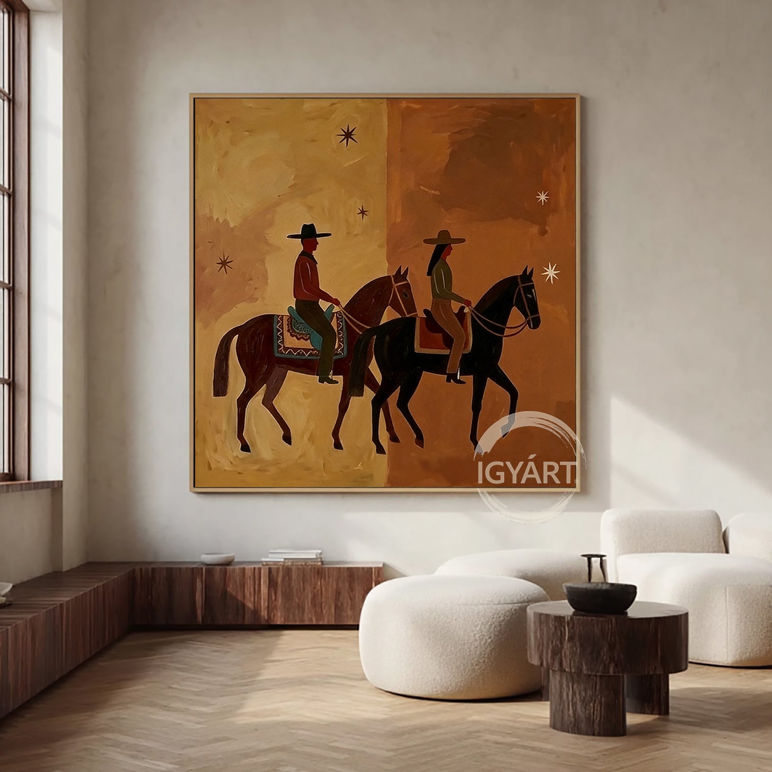 Western wall art of a man and woman riding horses side-by-side under stars, mid-century modern aesthetic, brown and beige split-tone background.