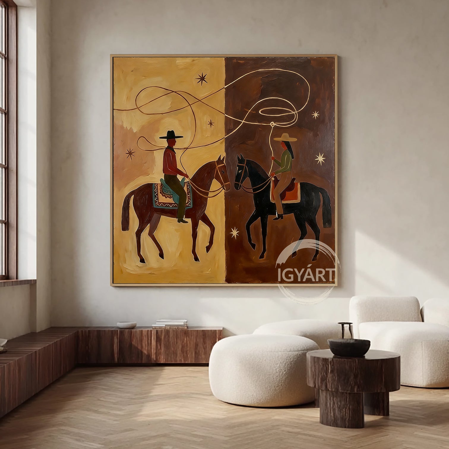 Minimalist Western oil art featuring two riders with a swirling lasso forming a heart-like loop, earthy tones, modern desert night theme.