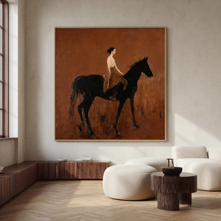 Black Horse Painting Modern Folk Art Person Riding Horse Wall Decor