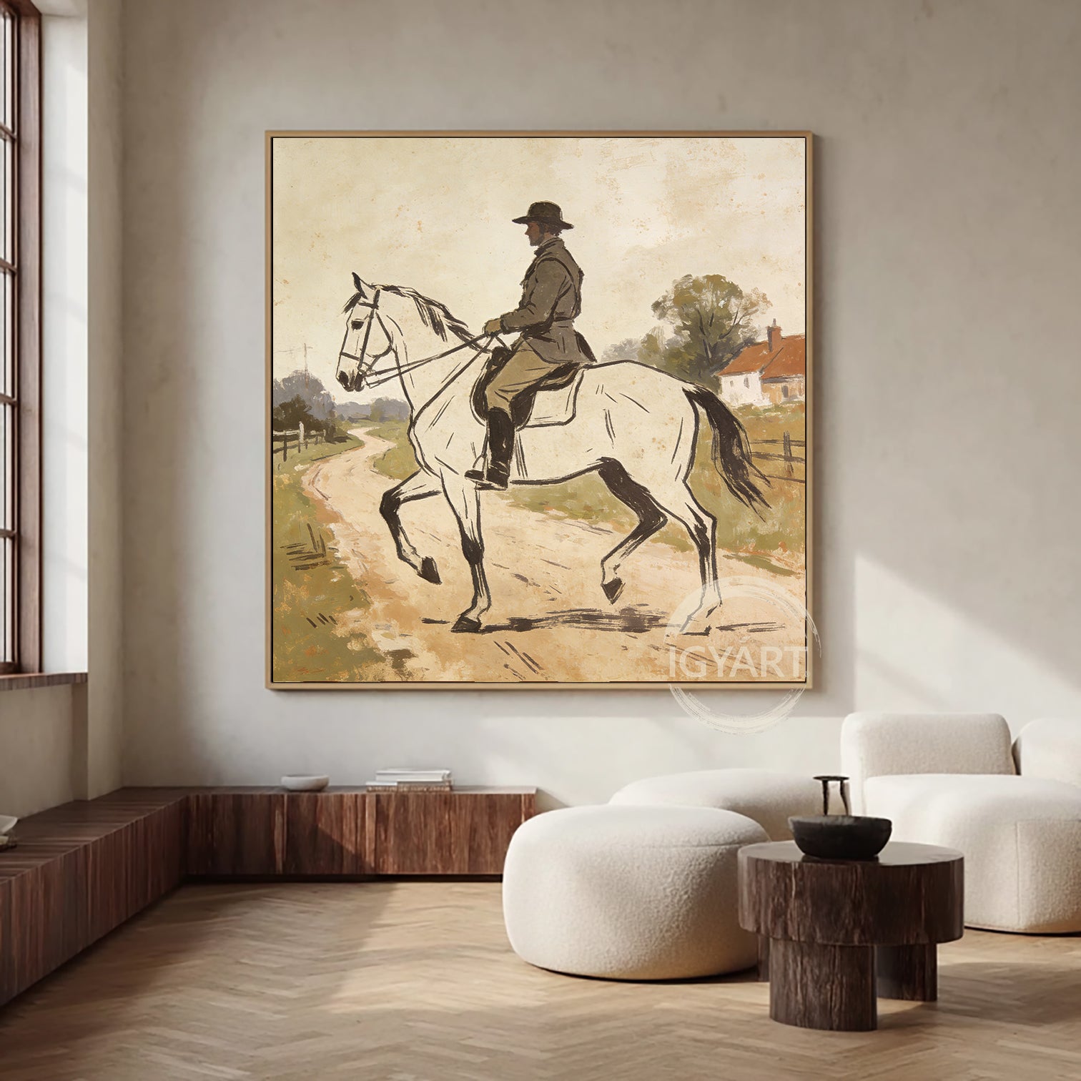 Rustic Farmhouse Wall Art - Hand-painted Impressionist Horse & Rider