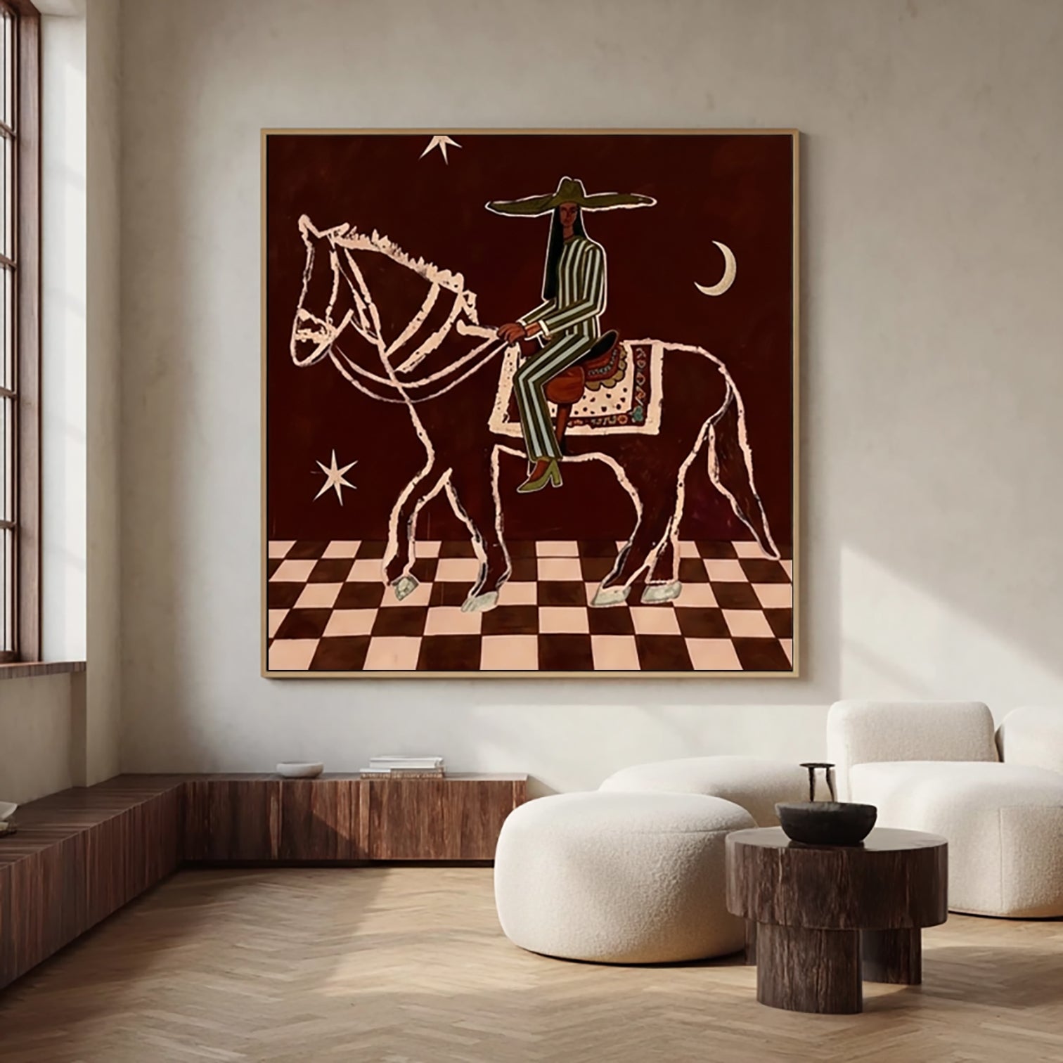 Earthy Tones Vintage Western Rider Wall Art Mid Century Modern Horse Painting