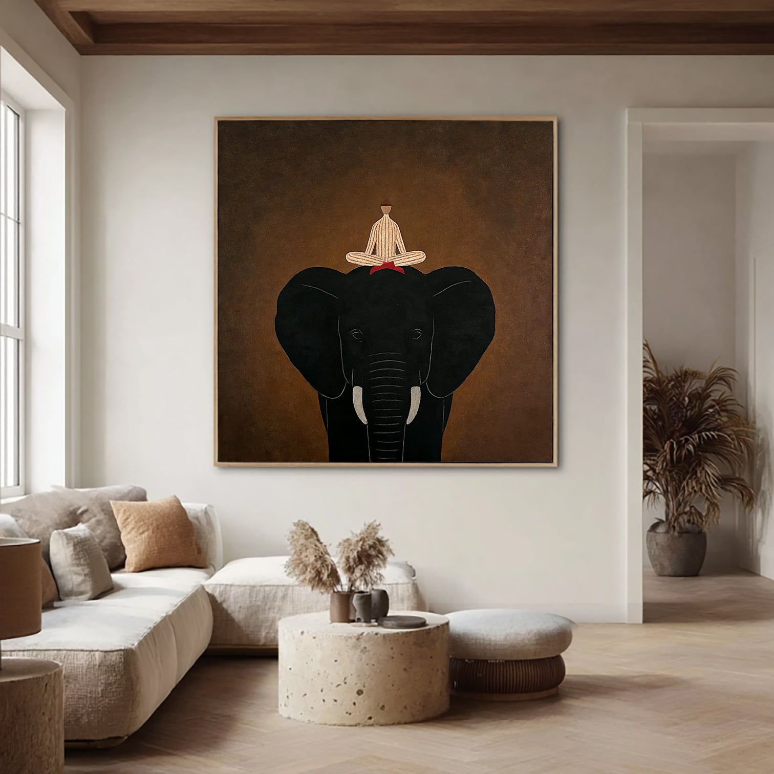 Large Elephant Painting on Canvas.Minimalist Animal Portrait Wall Art