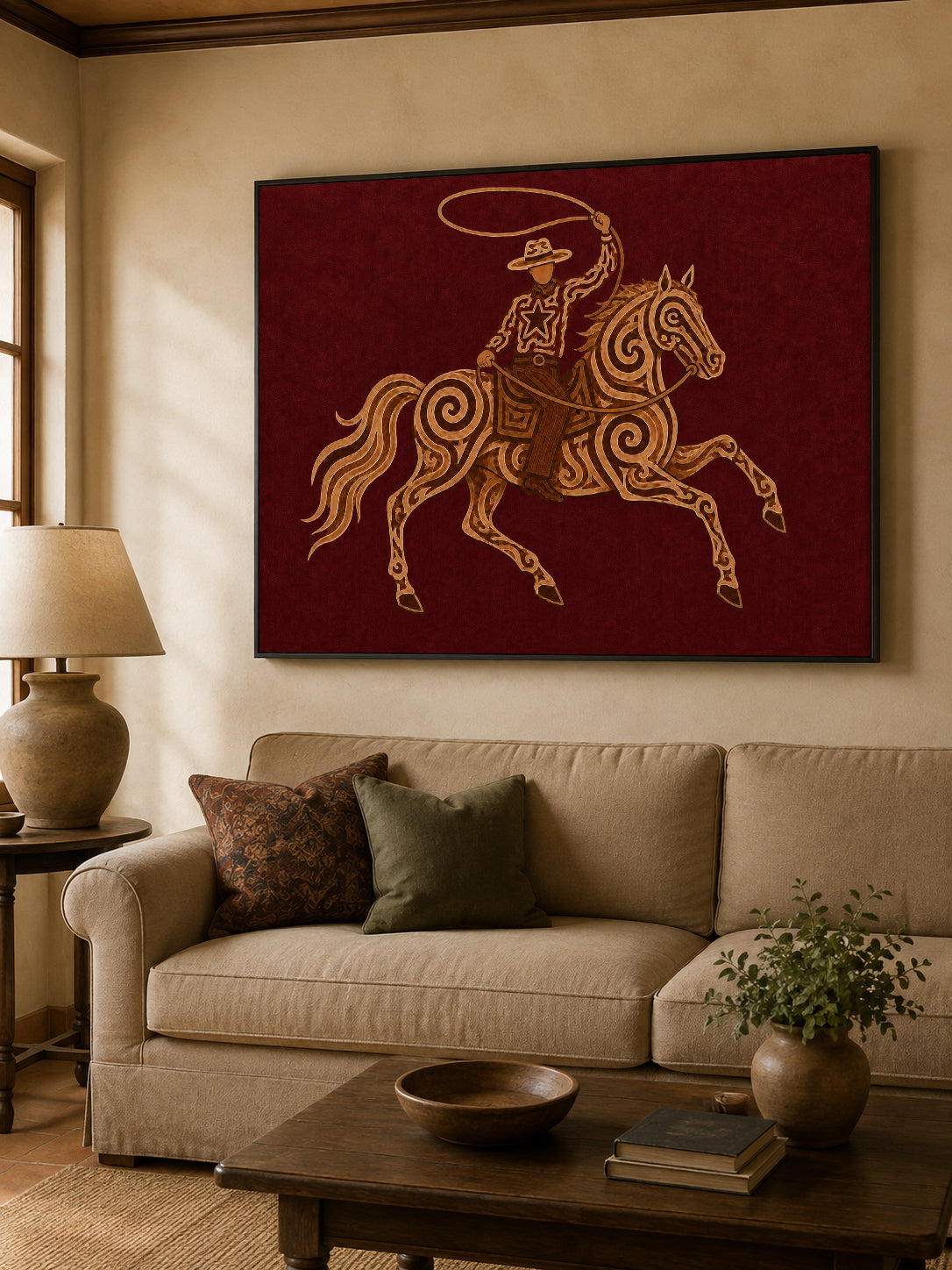 Red Cowboy Horse Oil Painting, Burgundy Western Wall Art, Lasso Rodeo Ranch Decor