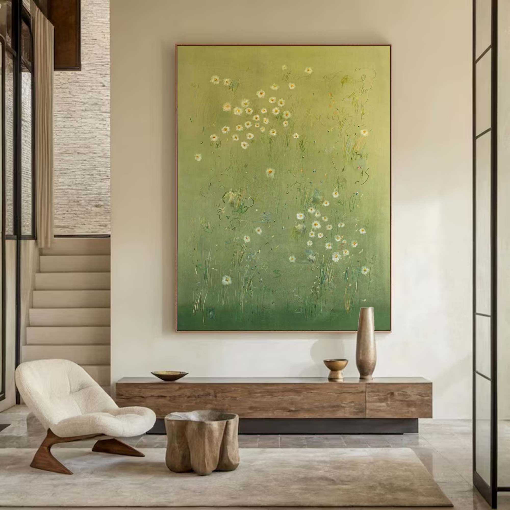 Green abstract painting, green plant wall painting, flower painting