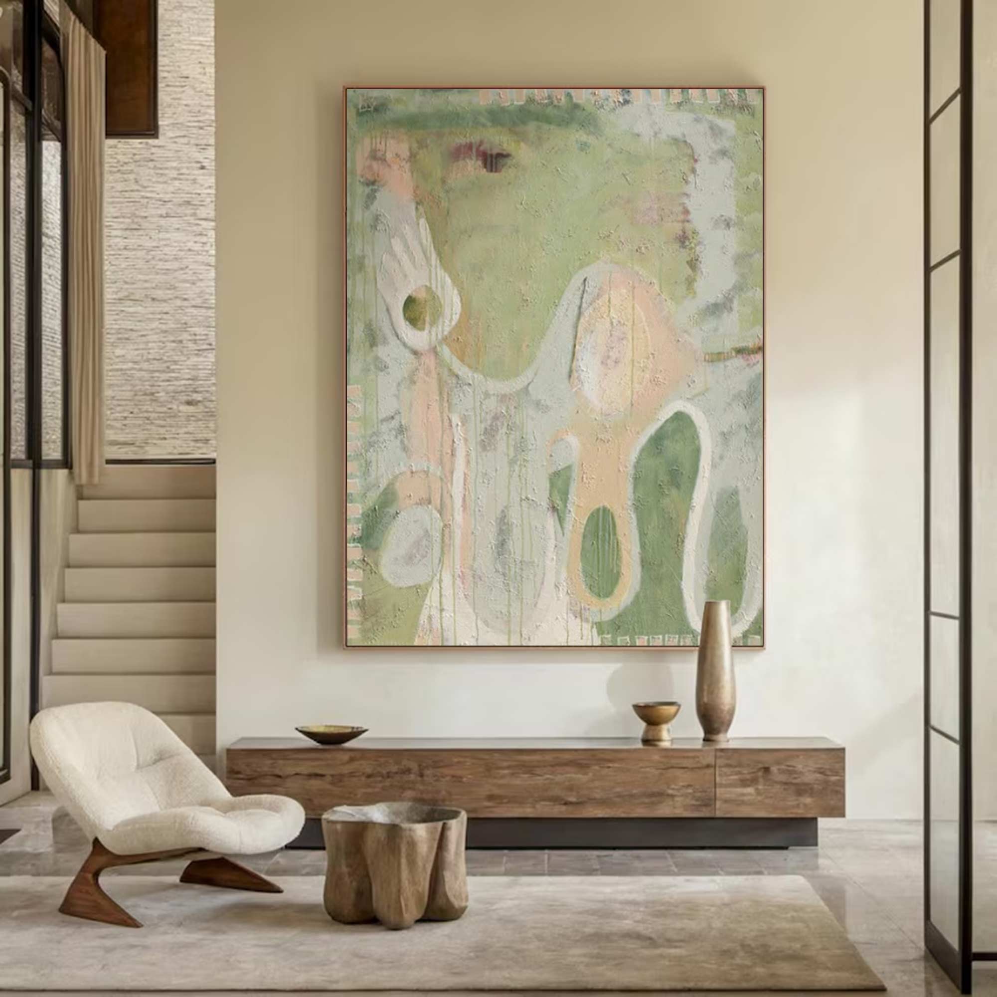 Green abstract painting, green graffiti art, green textured living room wall decor