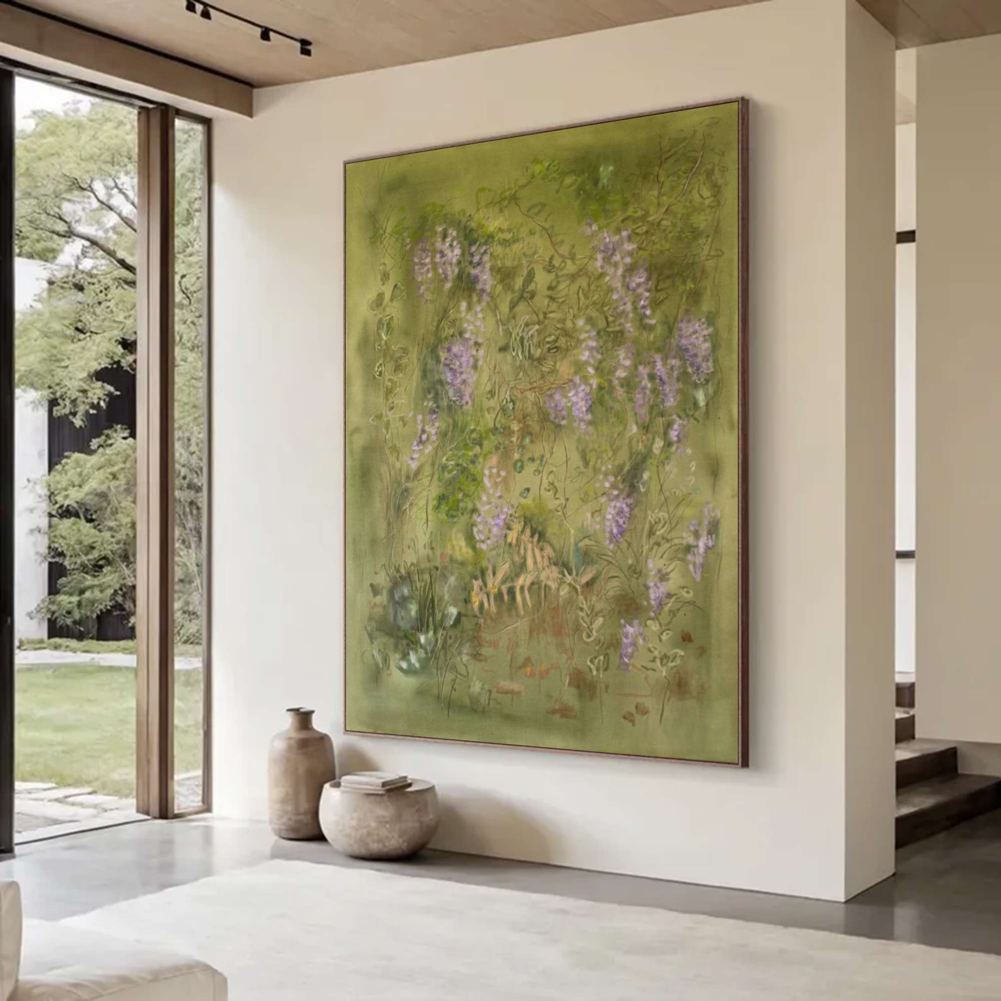 flower painting Green abstract painting, green plant wall painting