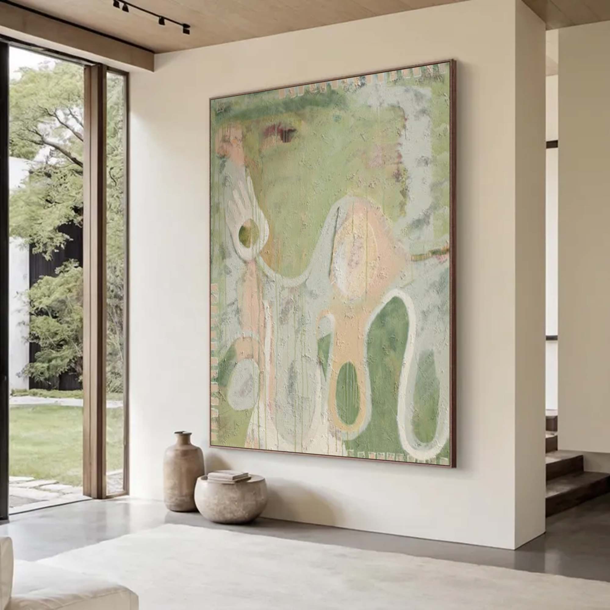 Green abstract painting, green graffiti art, green textured living room wall decor