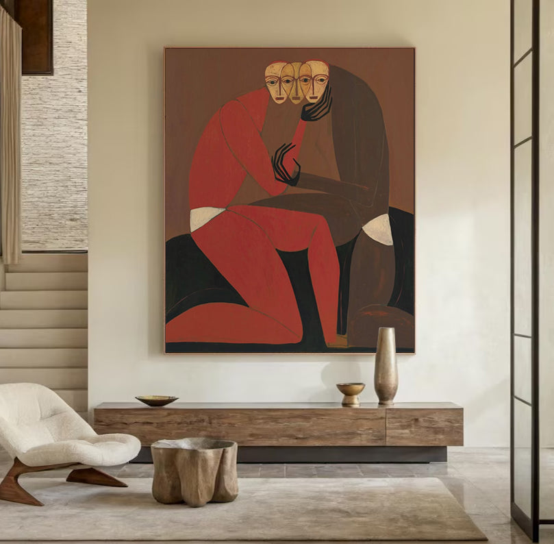 Abstract painting of three figures in a modern living room setting.