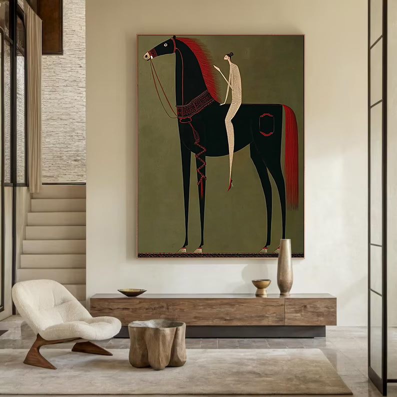 Minimalist black horse painting with red mane and a slim rider on olive green background.