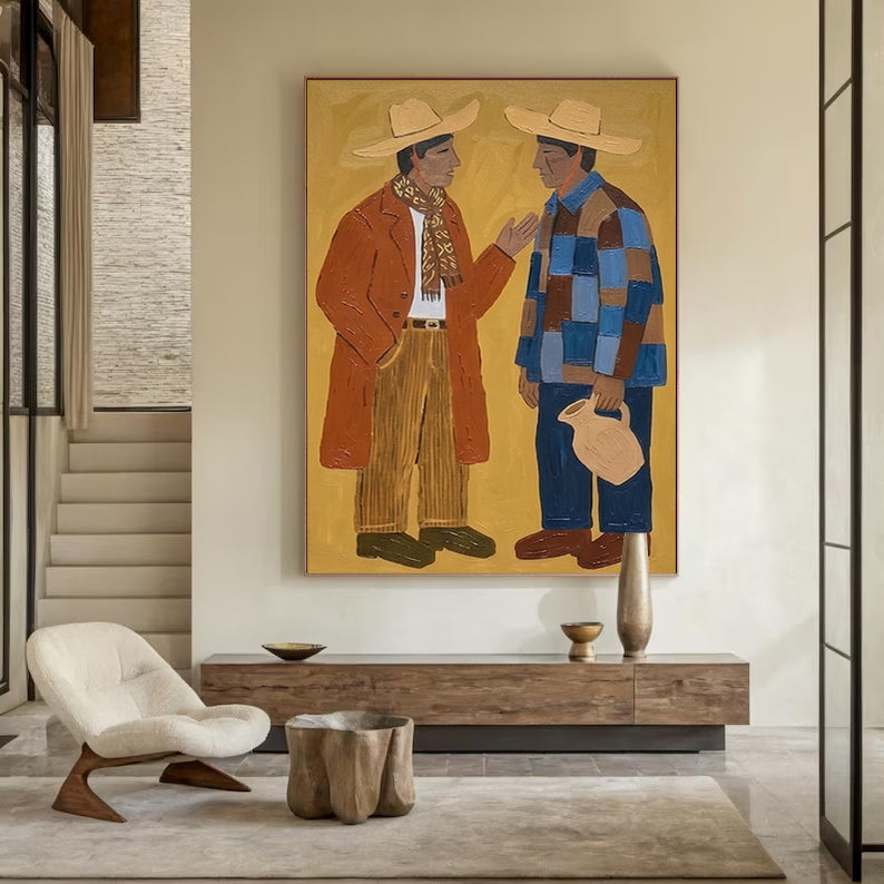 Abstract figure Art, Two Men in Straw Hats Painting, Mid Century Modern Rustic Folk Wall Decor