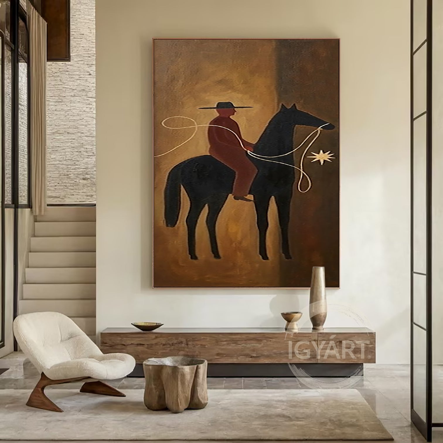 Mid-century Modern Folk Art Boho Wall Art Equestrian Oil Painting