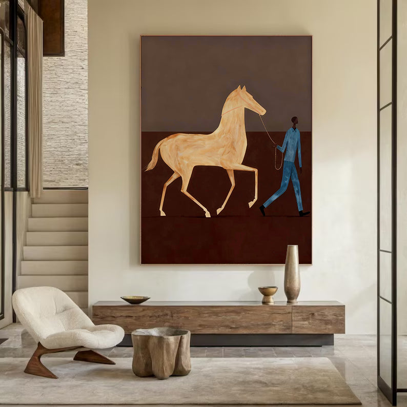 Contemporary Folk Style Horse and Rider Painting Equestrian Wall Art