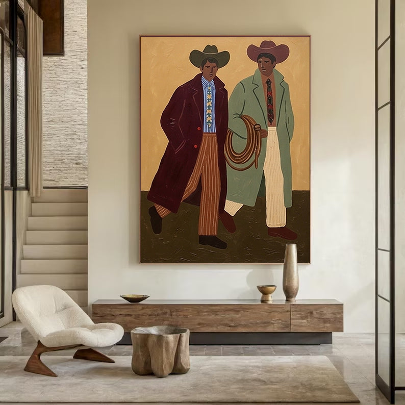 Abstract Cowboys Art , Mid-Century Modern Two Men Walking Painting, Earth Tone Boho Wall art