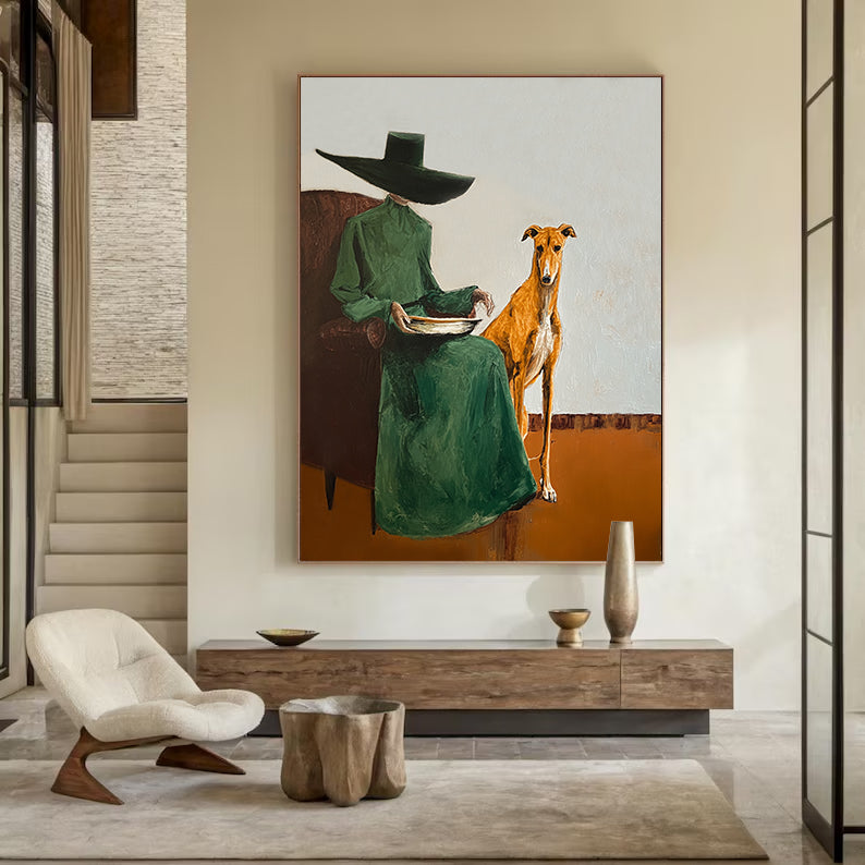 Vintage Fashion Painting Woman with Greyhound Painting Surrealist Figure Art