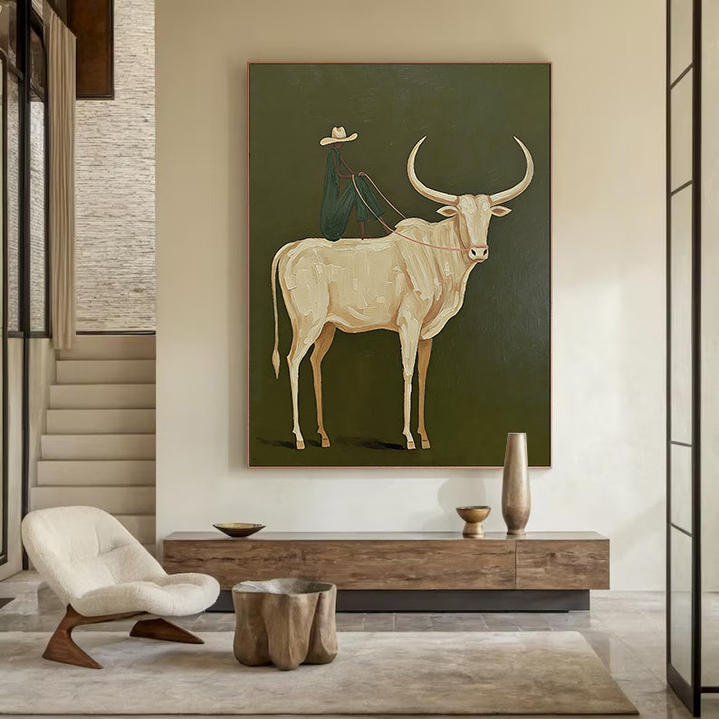 Abstract bull and Rider Wall Art - Minimalist Equestrian Painting