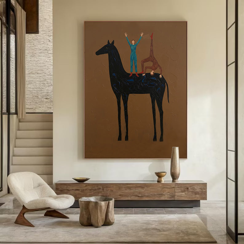 Abstract Horse Art Earth Tone Modern Equestrian Wall Decor Contemporary Folk Art