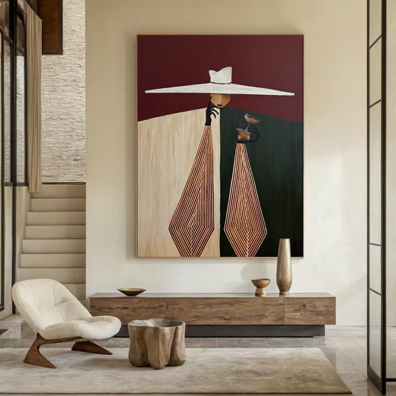 Burgundy Background Art Geometric Hand-Painted Abstract Oil Painting