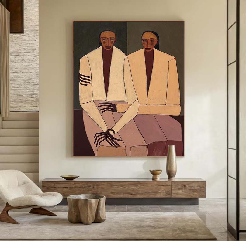 Double Portraits art Boho figurative art Neutral Beige Above sofa art