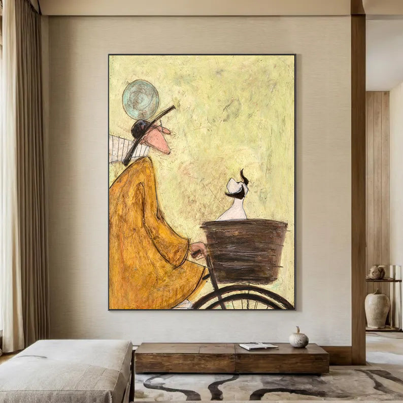Hand-Painted Vintage Mid-Century Style Bicycle Wall Art | Whimsical Textured Canvas Painting