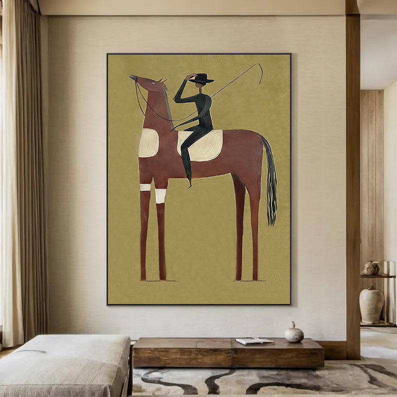 Minimalist black horse painting with red mane and a slim rider on olive green background.