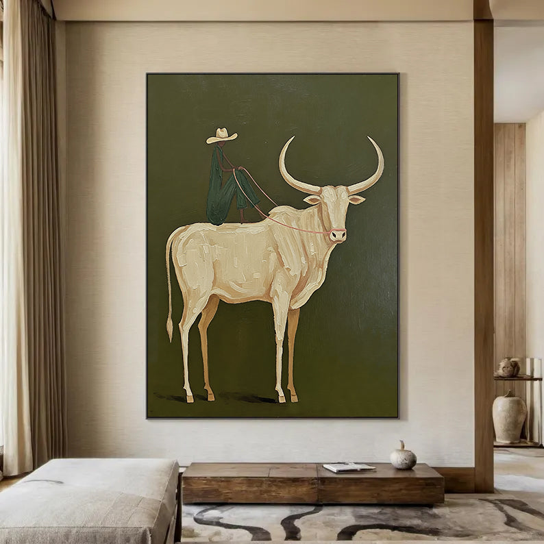 Abstract bull and Rider Wall Art - Minimalist Equestrian Painting