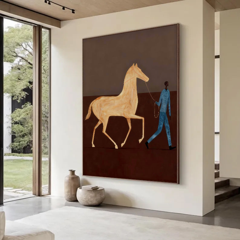 Contemporary Folk Style Horse and Rider Painting Equestrian Wall Art