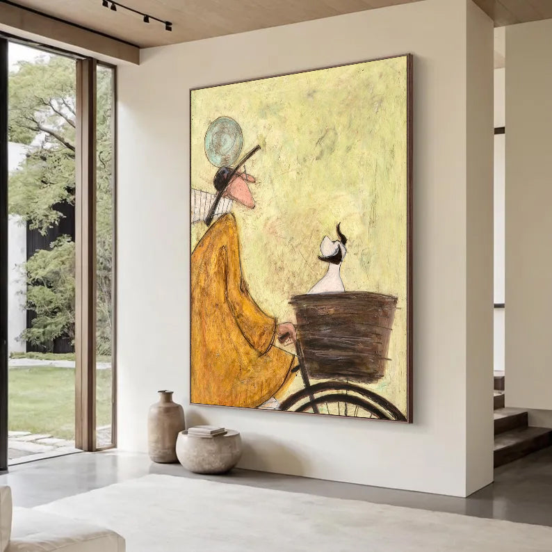 Hand-Painted Vintage Mid-Century Style Bicycle Wall Art | Whimsical Textured Canvas Painting