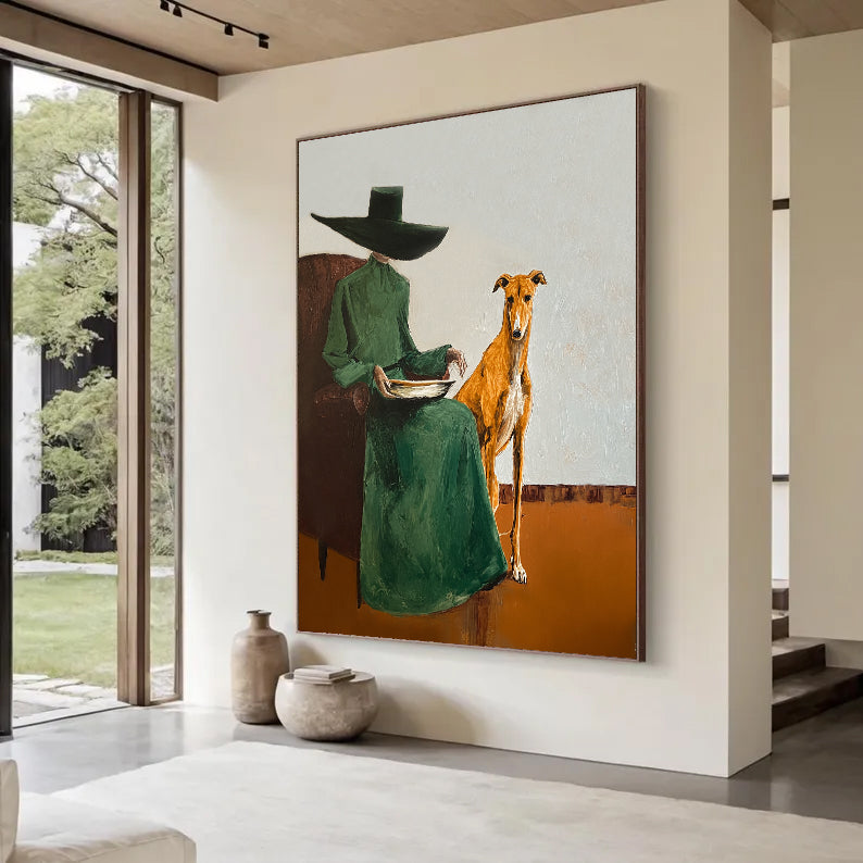 Vintage Fashion Painting Woman with Greyhound Painting Surrealist Figure Art