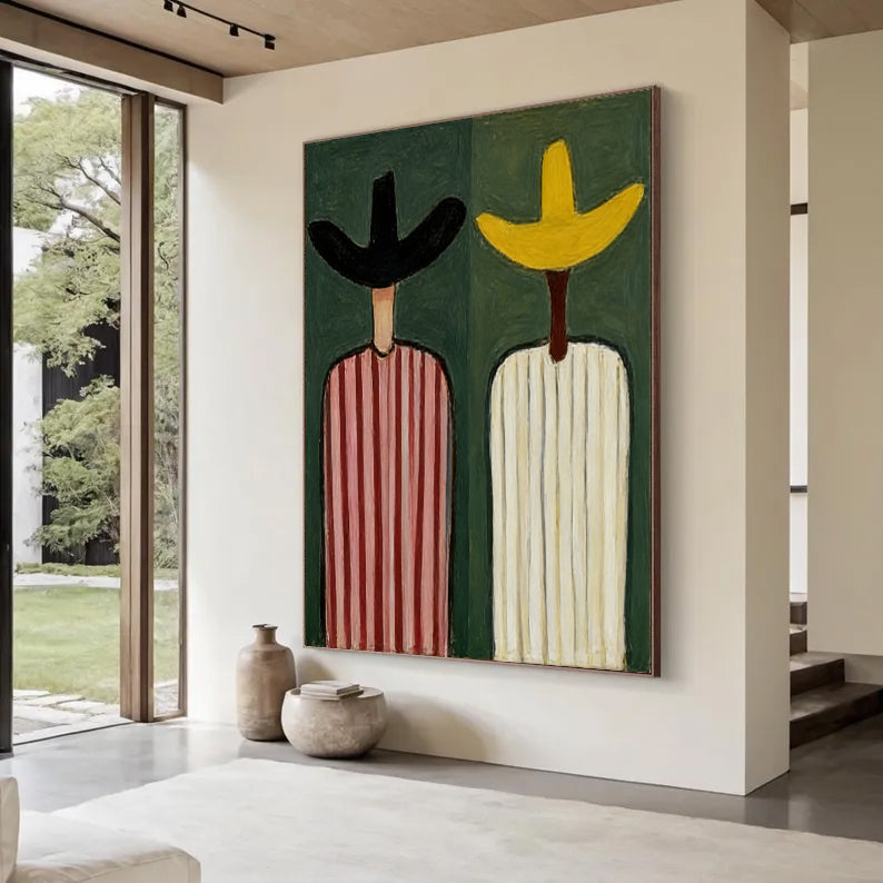 Modern Abstract Cowboy Oil Painting - Mid-century modern colorful striped figures