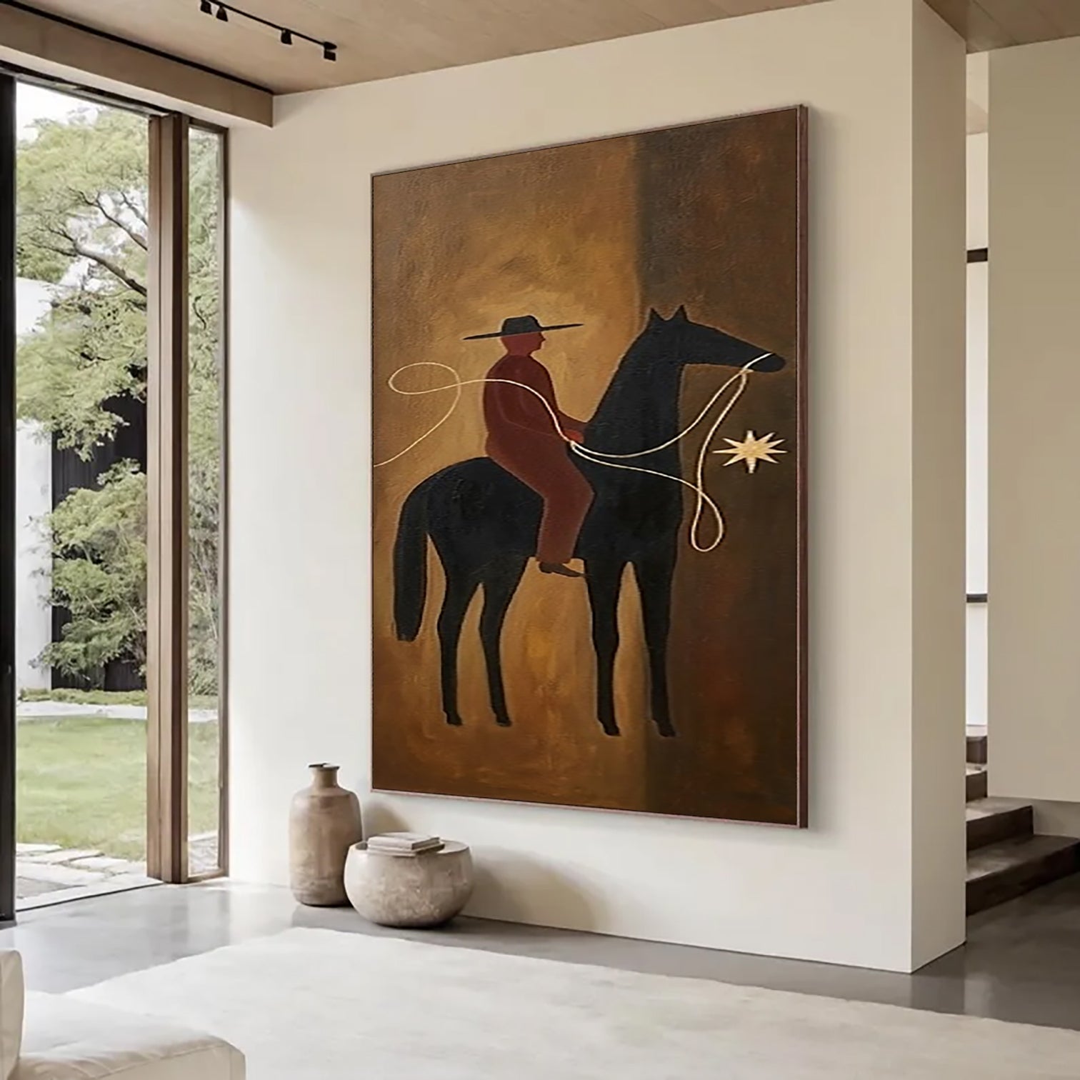 Mid-century Modern Folk Art Boho Wall Art Equestrian Oil Painting