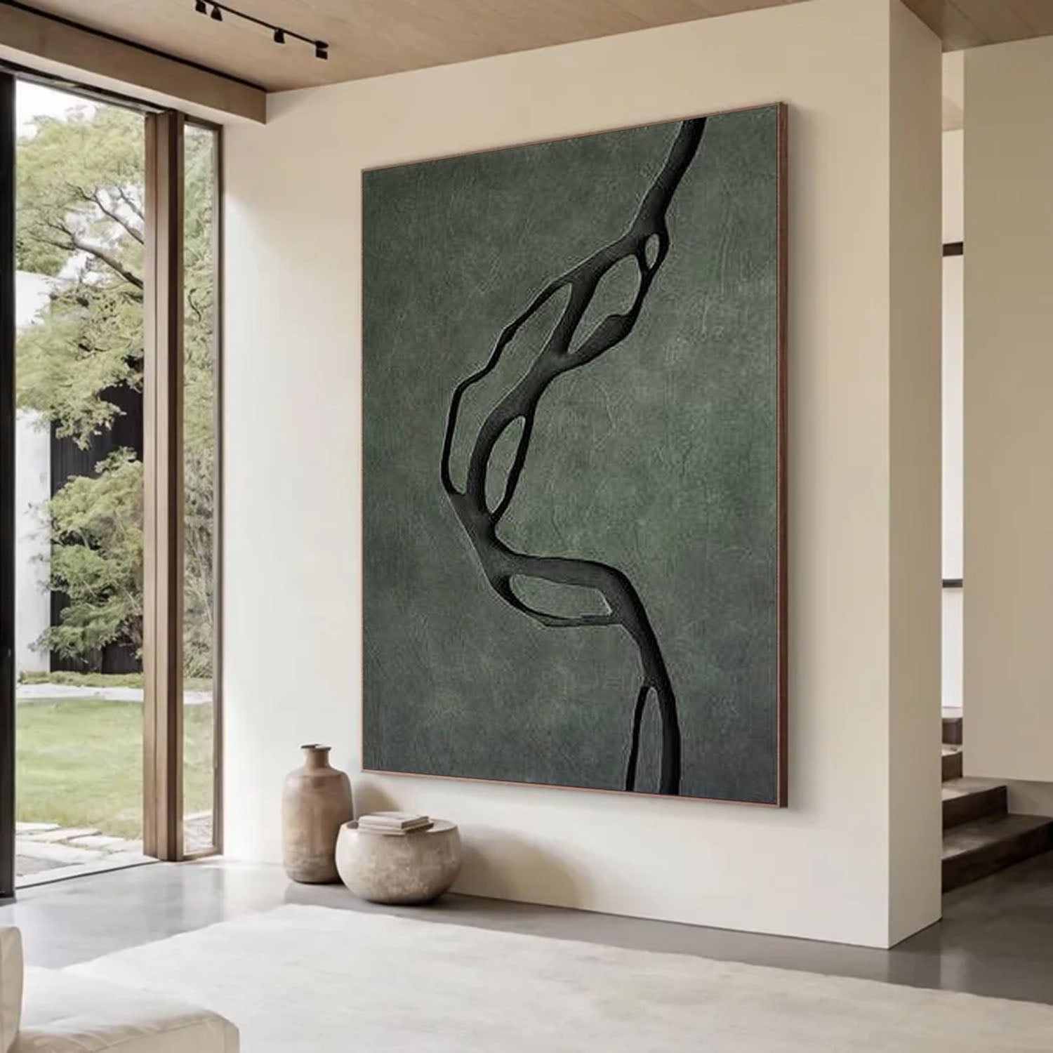 Modern Dark Green 3D Wood Wall Art Hand-Painted Textured 3D Wall Sculpture Decor